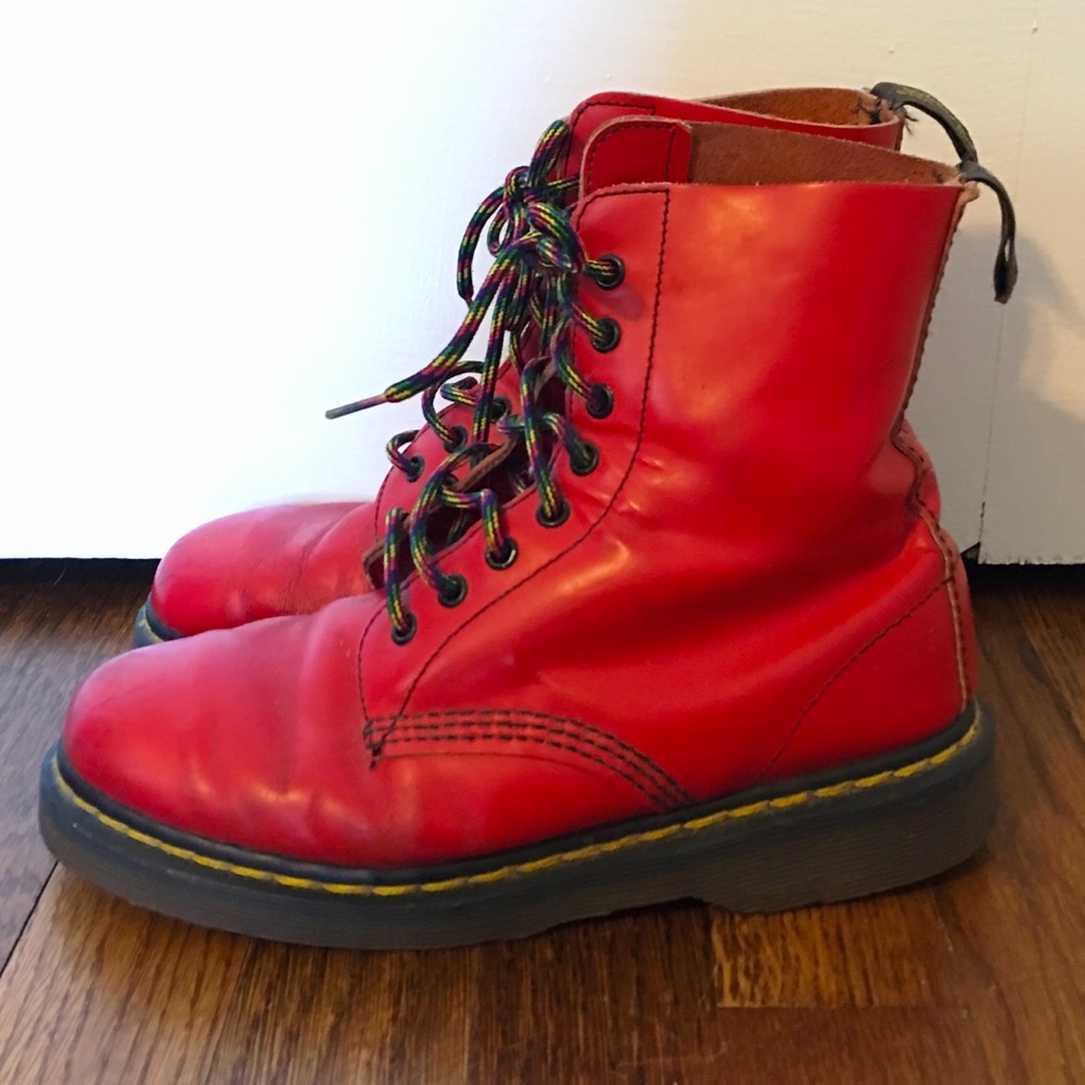 Cherry Red Doc Martens Boots with Rainbow Laces